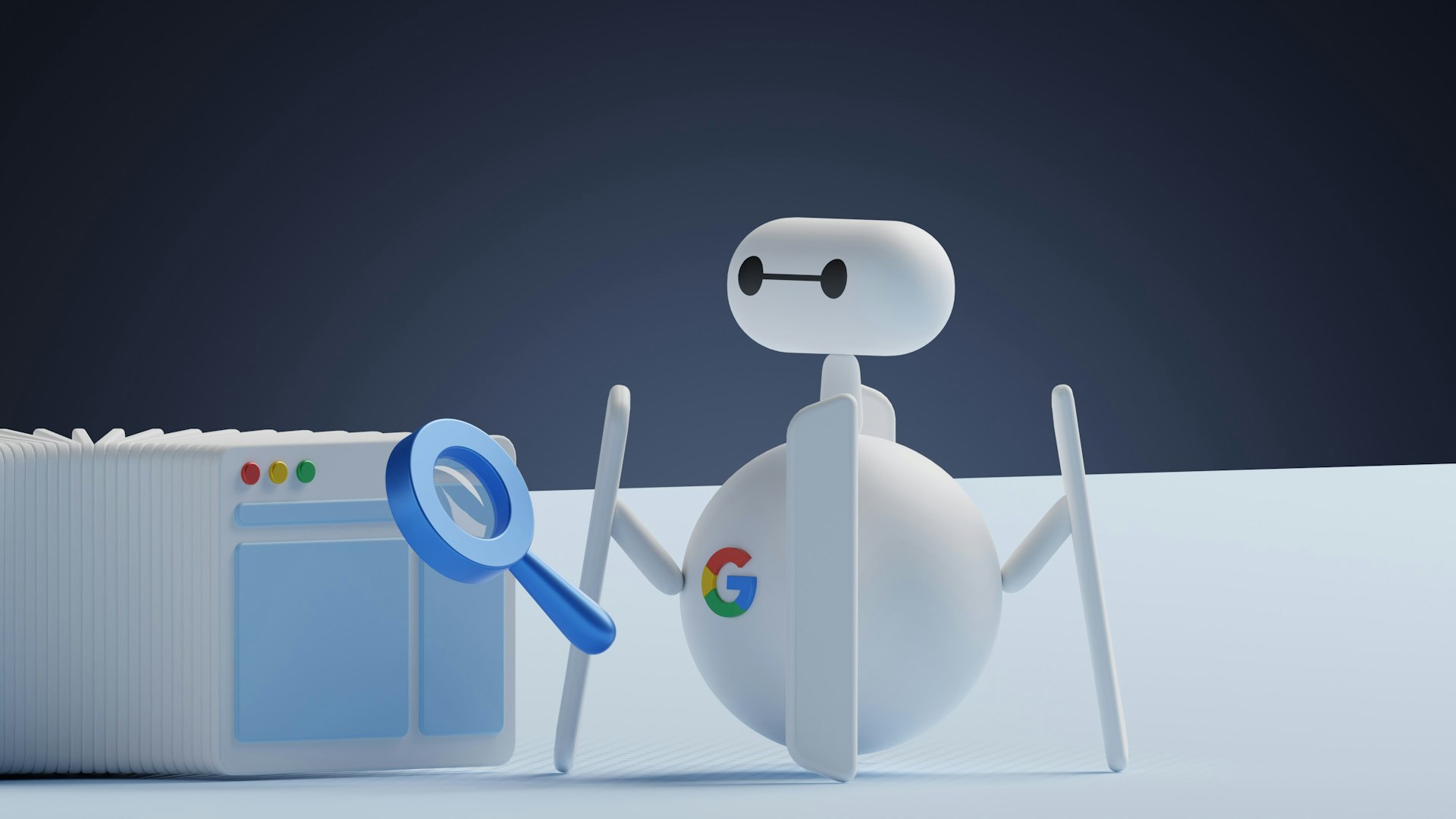 SEO specialist Bristol, white search engine robot with a magnifying glass inspecting a website for technical optimization.